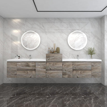 Bow 140" Wall Mounted Bathroom Vanity with Reinforced Acrylic Integrated Sink Top and Linen Cabinet