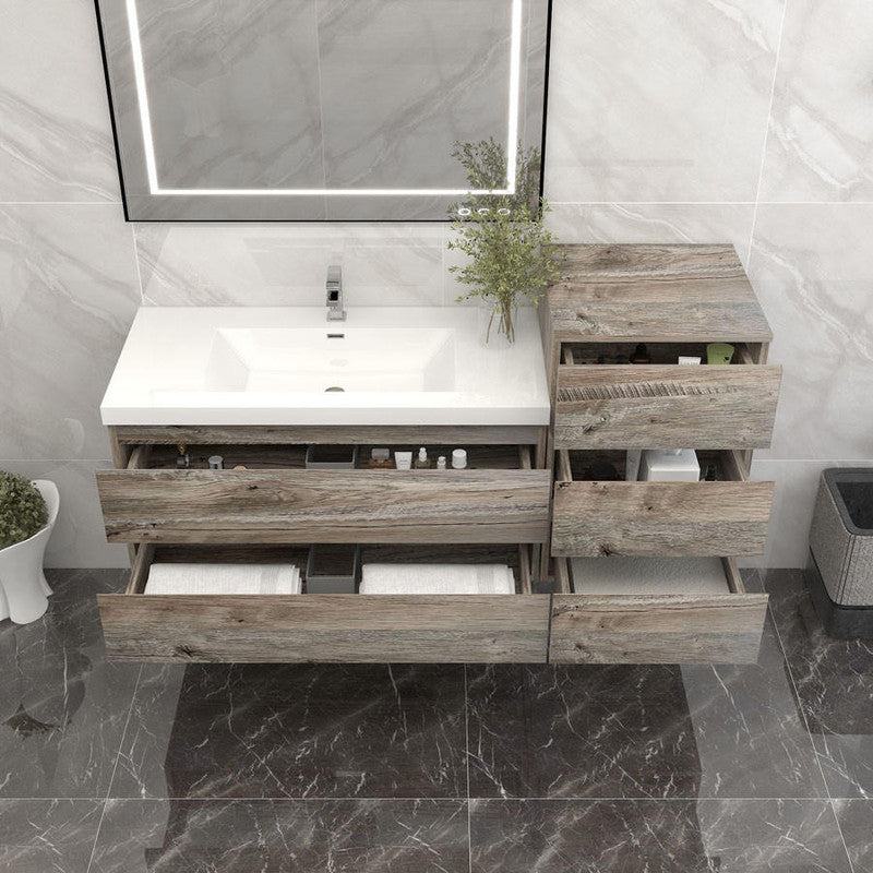 Bow 56" Wall Mounted Bathroom Vanity with Reinforced Acrylic Integrated Sink Top and Linen Cabinet