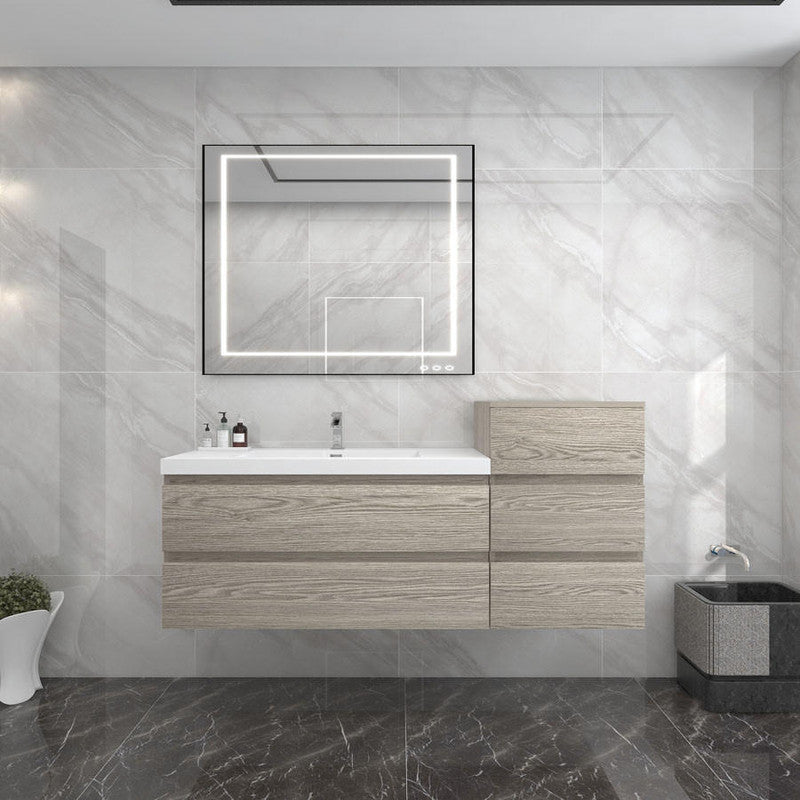 Bow 56" Wall Mounted Bathroom Vanity with Reinforced Acrylic Integrated Sink Top and Linen Cabinet