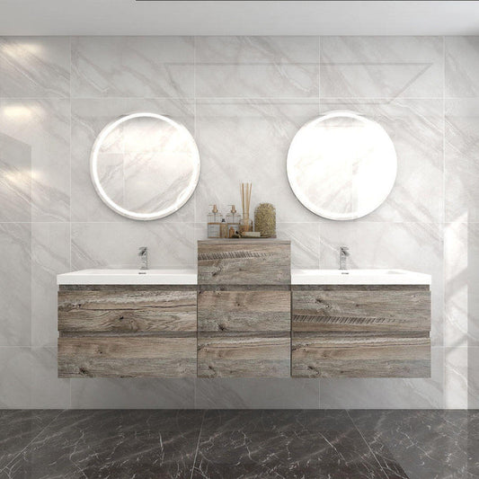Bow 68" Wall Mounted Bathroom Vanity with Reinforced Acrylic Integrated Sink Top and Center Linen Cabinet