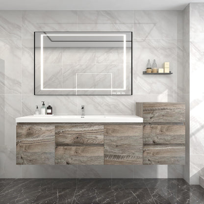 Bow 68" Wall Mounted Bathroom Vanity with Reinforced Acrylic Integrated Sink Top and Side Linen Cabinet