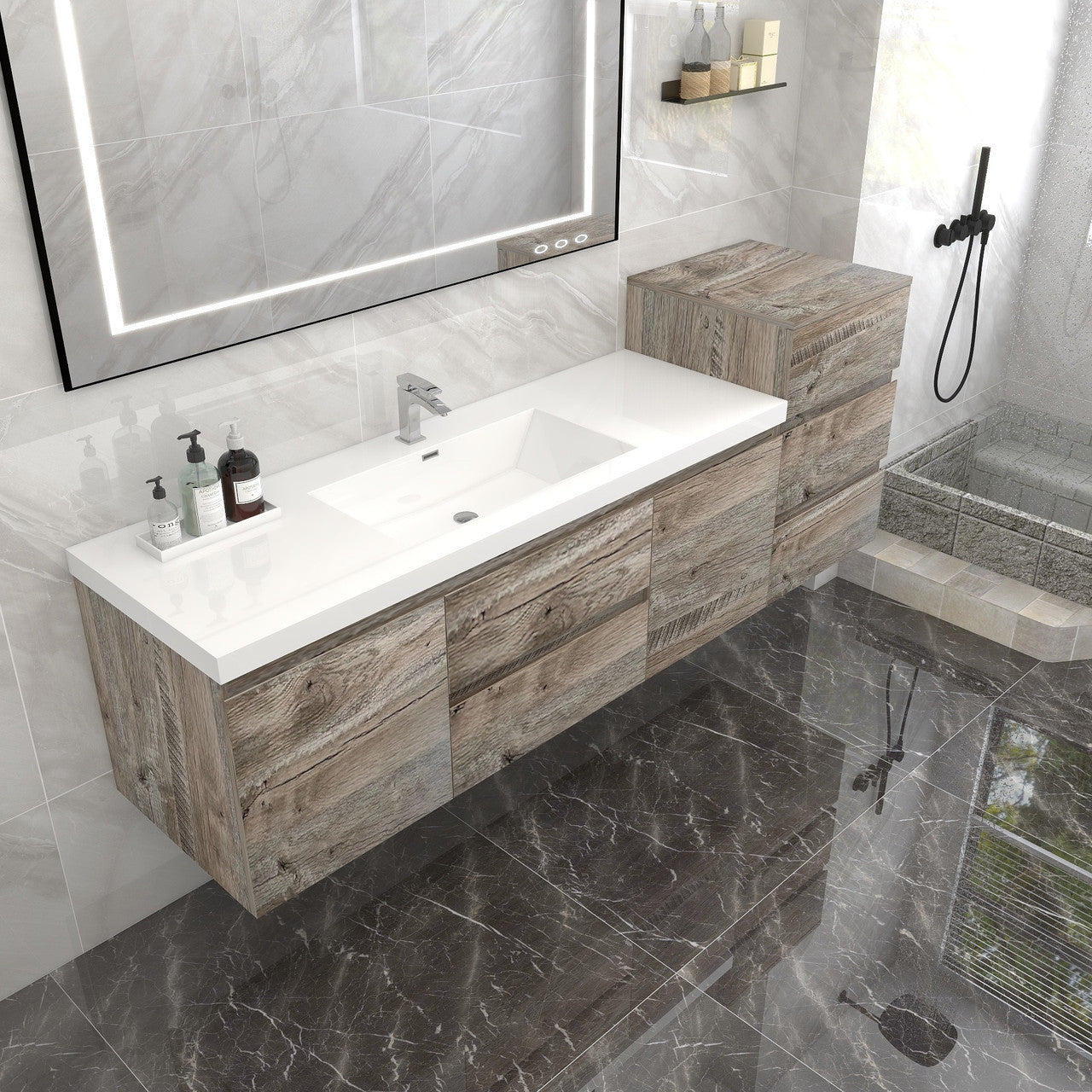 Bow 68" Wall Mounted Bathroom Vanity with Reinforced Acrylic Integrated Sink Top and Side Linen Cabinet