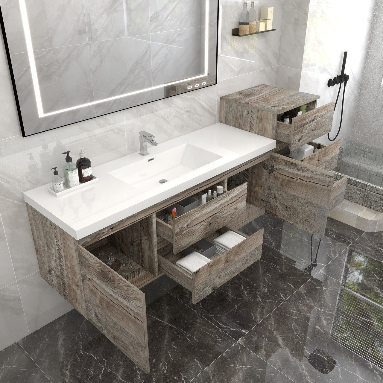 Bow 68" Wall Mounted Bathroom Vanity with Reinforced Acrylic Integrated Sink Top and Side Linen Cabinet