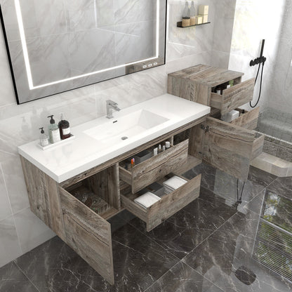 Bow 68" Wall Mounted Bathroom Vanity with Reinforced Acrylic Integrated Sink Top and Side Linen Cabinet