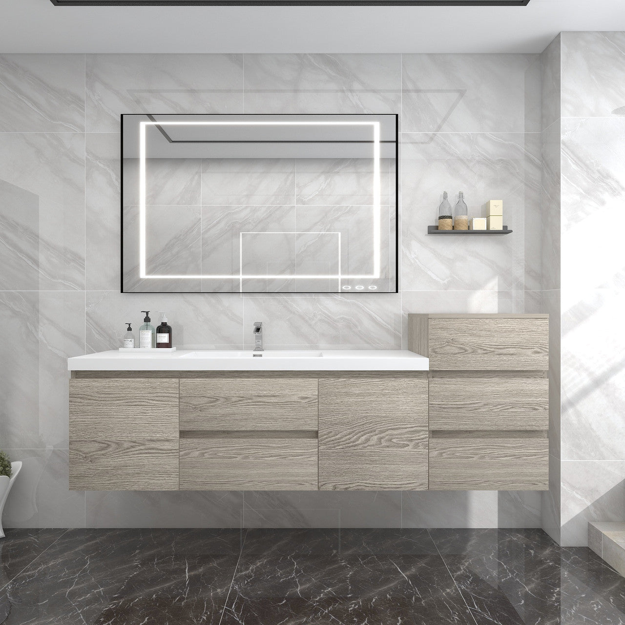 Bow 68" Wall Mounted Bathroom Vanity with Reinforced Acrylic Integrated Sink Top and Side Linen Cabinet