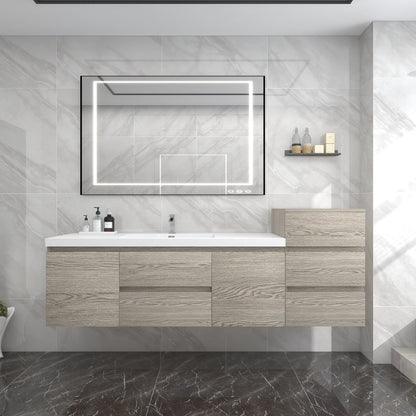 Bow 68" Wall Mounted Bathroom Vanity with Reinforced Acrylic Integrated Sink Top and Side Linen Cabinet