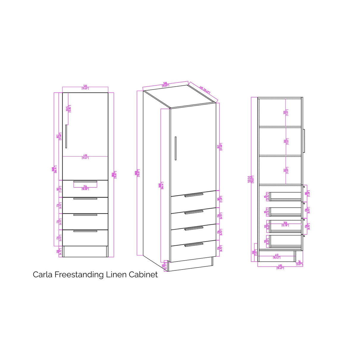 Carla 20 inch freestanding linen cabinet dimension drawing