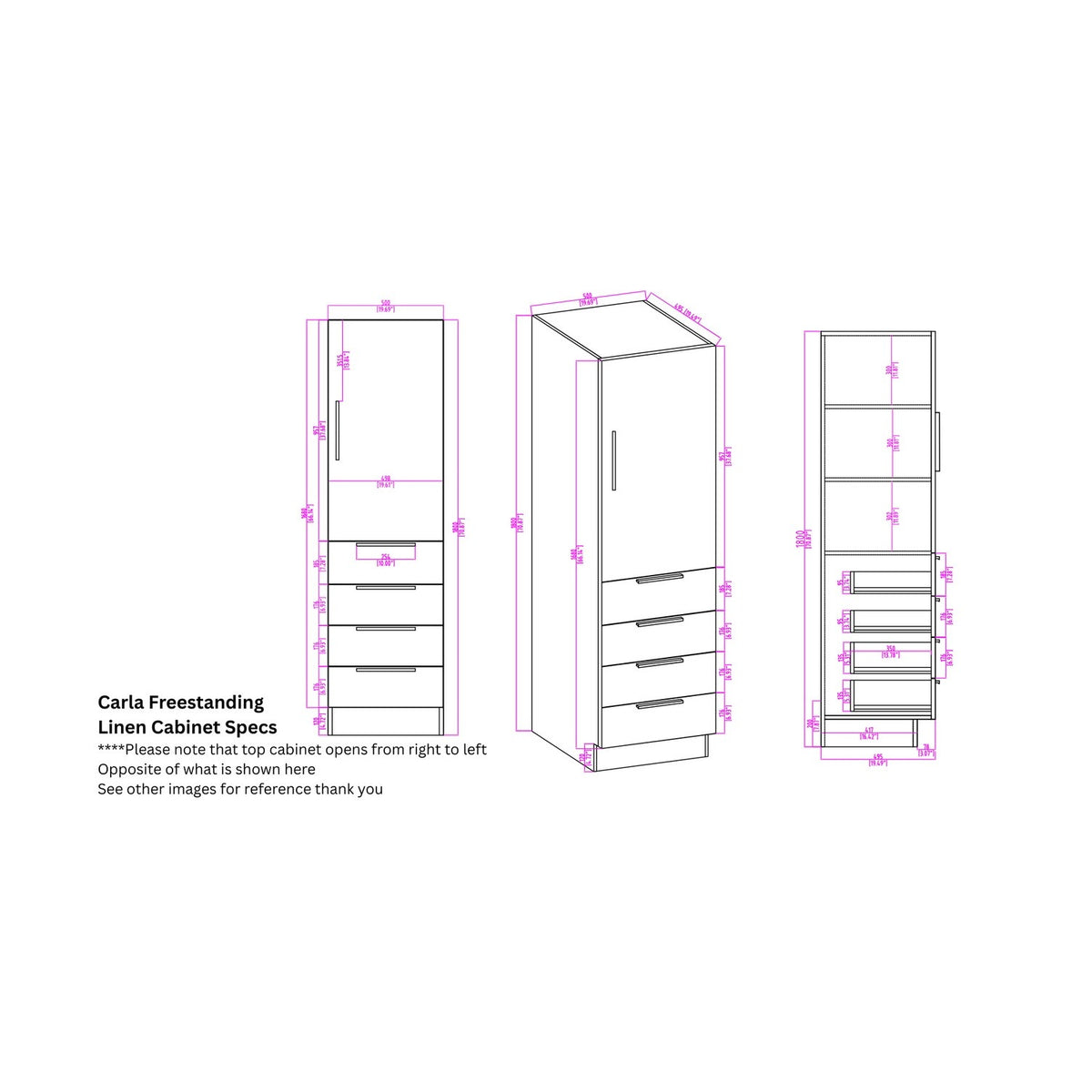 Carla 20 inch freestanding linen cabinet spec drawing with shelf and drawer sizes
