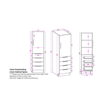 Carla 20 inch freestanding linen cabinet spec drawing with shelf and drawer sizes