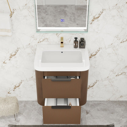 Celine 24 inch fluted wall mounted bathroom vanity with rounded corners in a styled bathroom