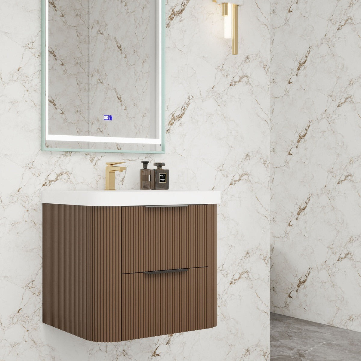 Celine 24 inch fluted wall mounted bathroom vanity with rounded corners in a styled bathroom