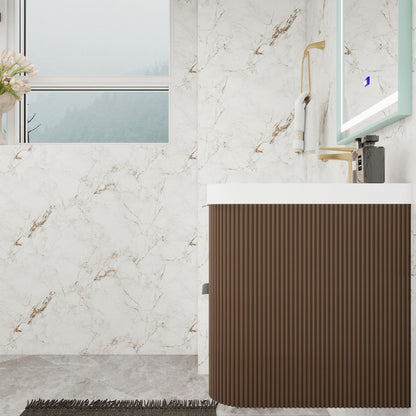 Celine 24 inch fluted wall mounted bathroom vanity with rounded corners in a styled bathroom