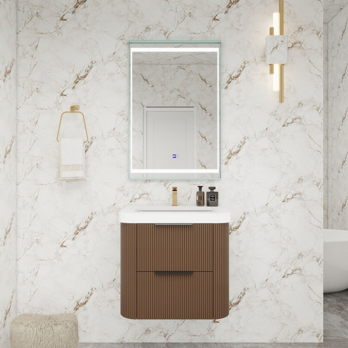 Celine 24 inch fluted wall mounted bathroom vanity with rounded corners in a styled bathroom