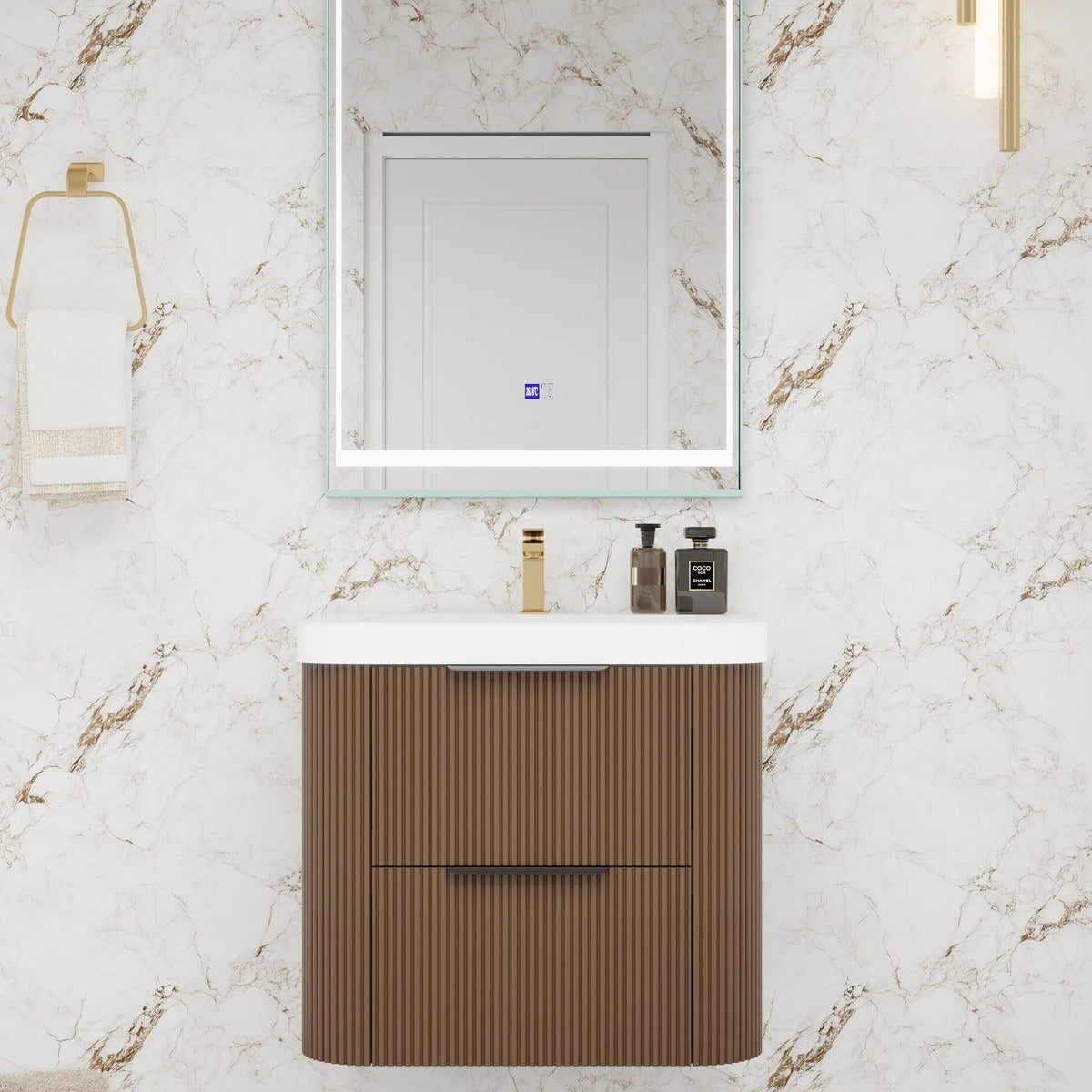 Celine 24 inch fluted wall mounted bathroom vanity with rounded corners in a styled bathroom
