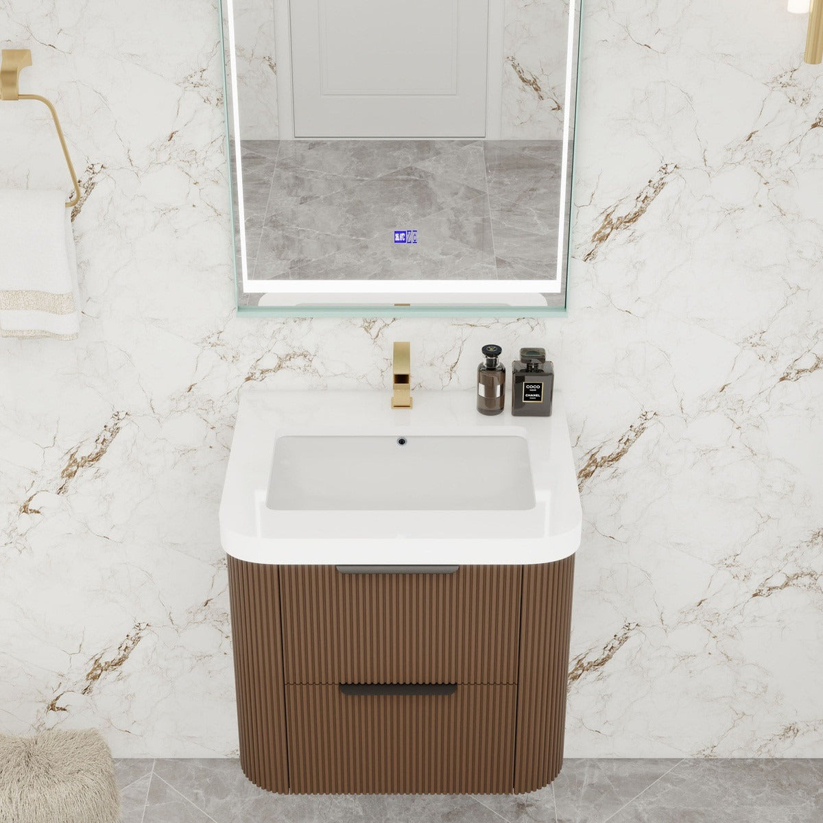Celine 24 inch fluted wall mounted bathroom vanity with rounded corners in a styled bathroom