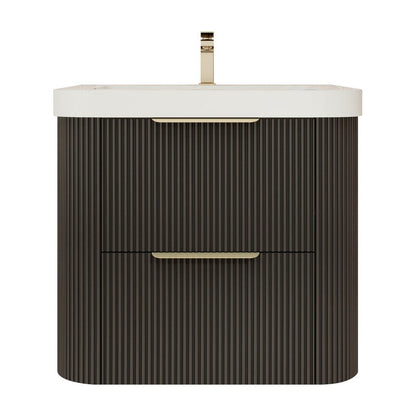Celine 24 inch fluted wall mounted bathroom vanity in Black with white reinforced acrylic top