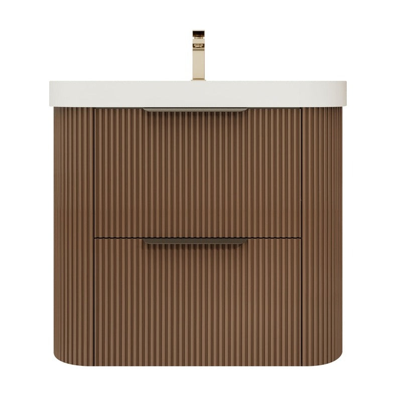 Celine 24 inch fluted wall mounted bathroom vanity in Chestnut Brown with white reinforced acrylic top