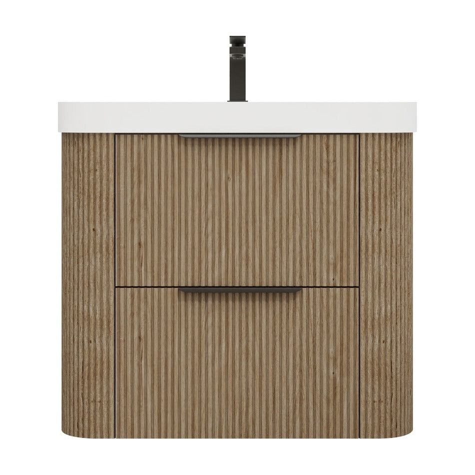 Celine 24 inch fluted wall mounted bathroom vanity in White Oak with white reinforced acrylic top