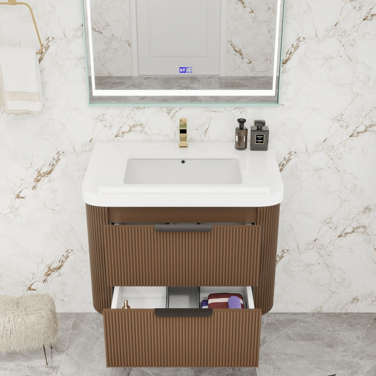 Celine 30 inch fluted wall mounted bathroom vanity with rounded corners in a styled bathroom