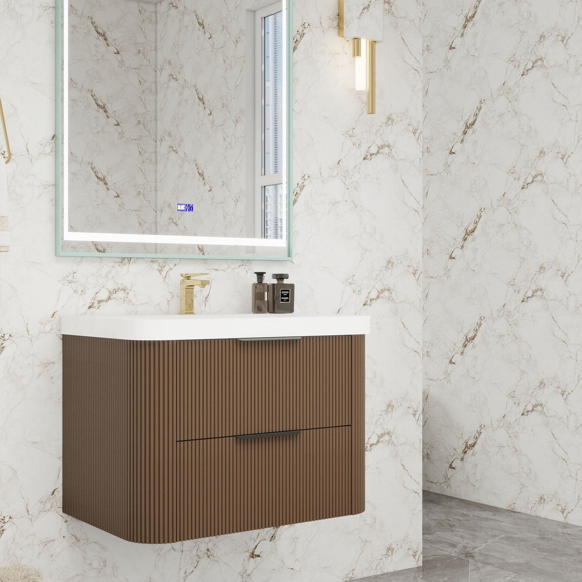 Celine 30 inch fluted wall mounted bathroom vanity with rounded corners in a styled bathroom