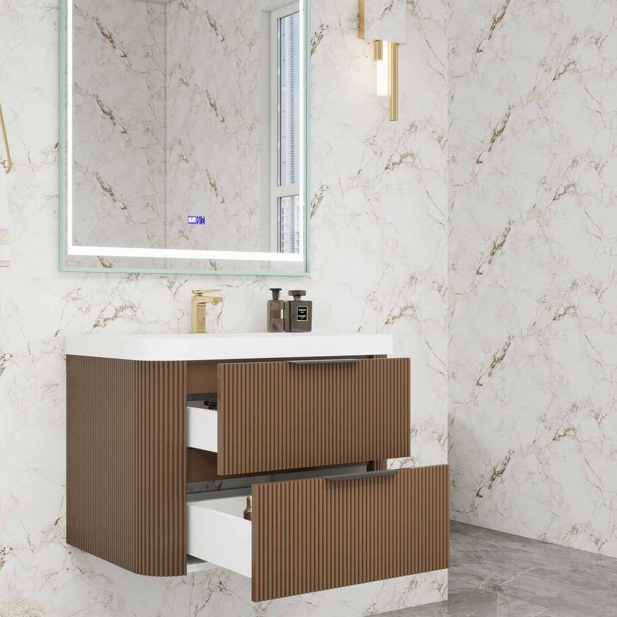 Celine 30 inch fluted wall mounted bathroom vanity with rounded corners in a styled bathroom