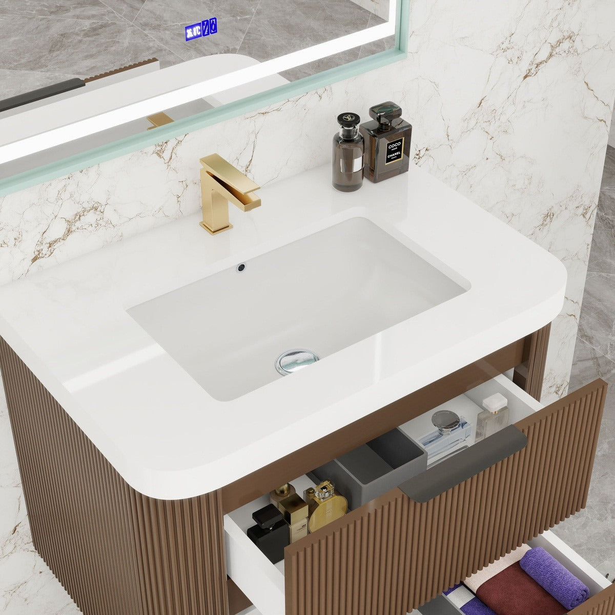 Celine 30 inch fluted wall mounted bathroom vanity with rounded corners in a styled bathroom