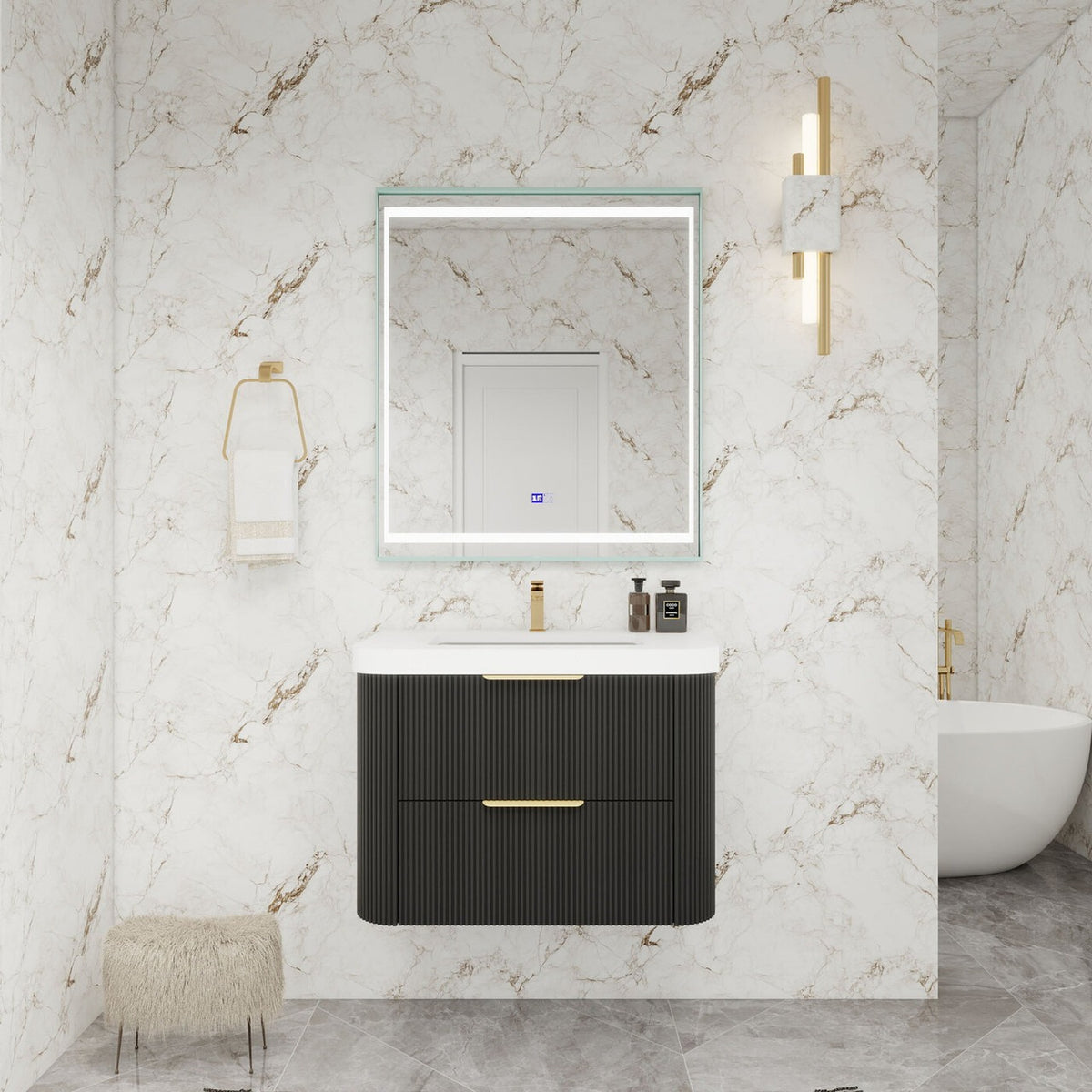 Celine 30 inch fluted wall mounted bathroom vanity with rounded corners in a styled bathroom