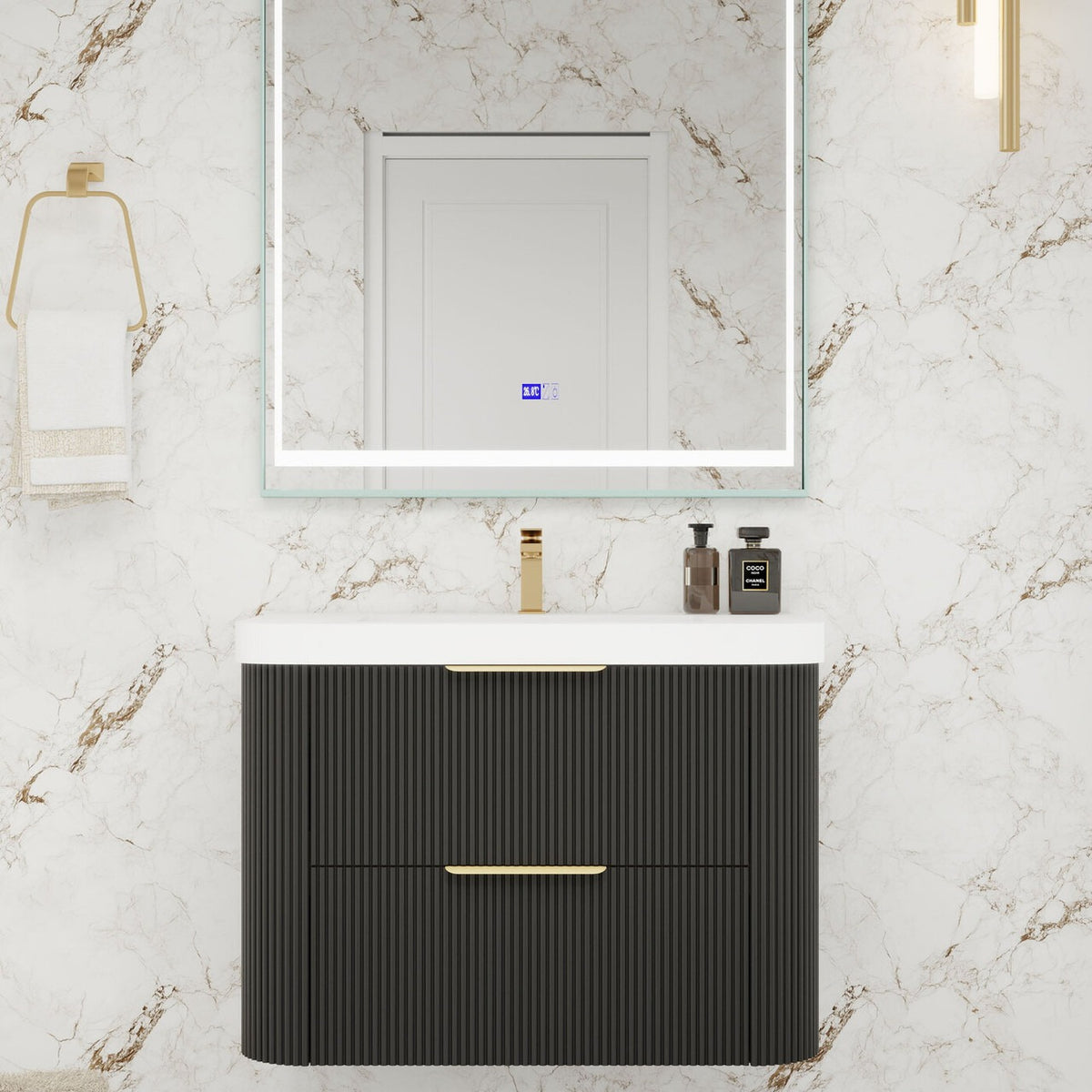 Celine 30 inch fluted wall mounted bathroom vanity with rounded corners in a styled bathroom