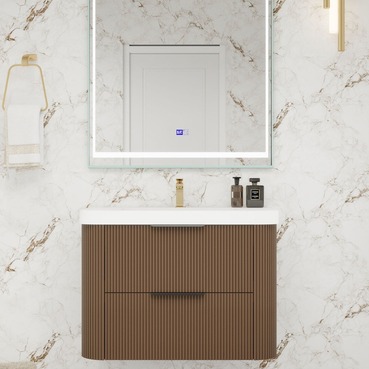 Celine 30 inch fluted wall mounted bathroom vanity with rounded corners in a styled bathroom