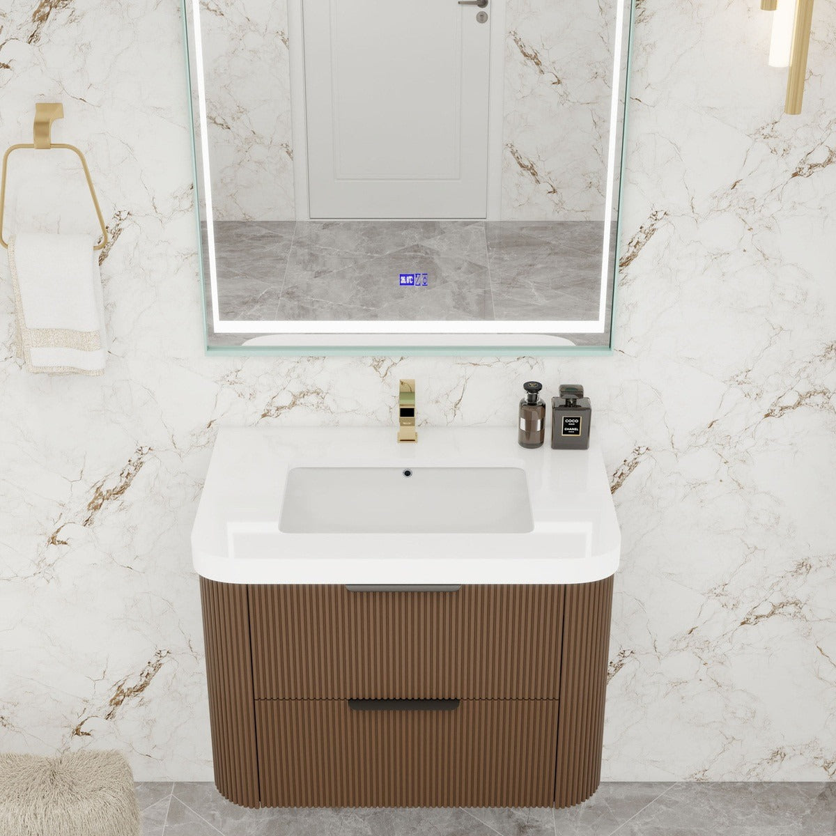 Celine 30 inch fluted wall mounted bathroom vanity with rounded corners in a styled bathroom