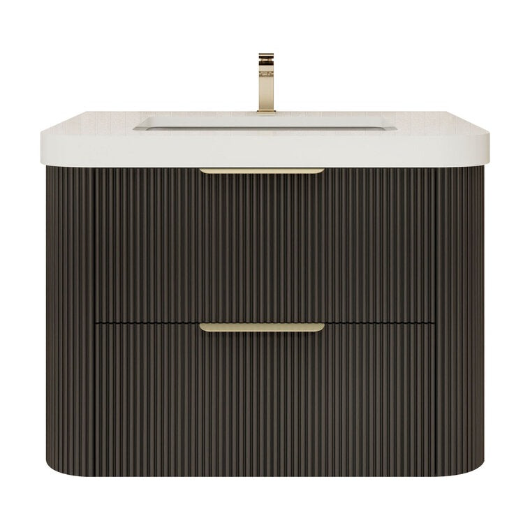 Celine 30 inch fluted wall mounted bathroom vanity in Black with white reinforced acrylic top