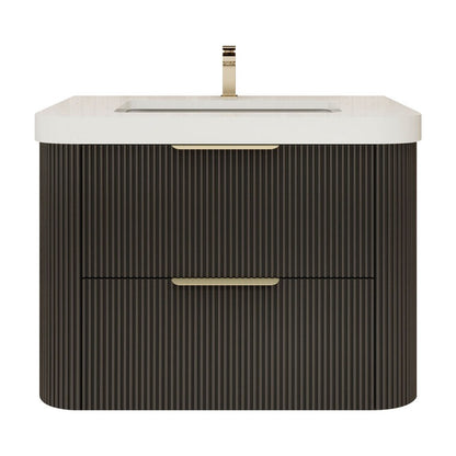 Celine 30 inch fluted wall mounted bathroom vanity in Black with white reinforced acrylic top
