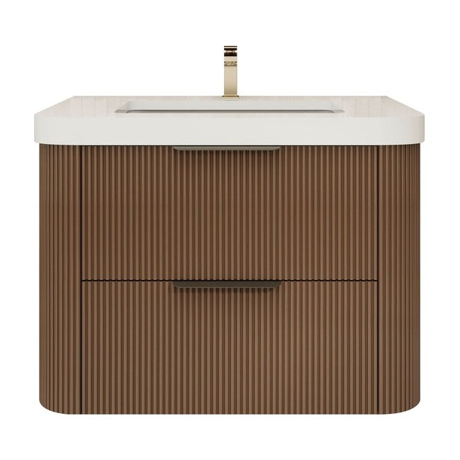 Celine 30 inch fluted wall mounted bathroom vanity in Chestnut Brown with white reinforced acrylic top