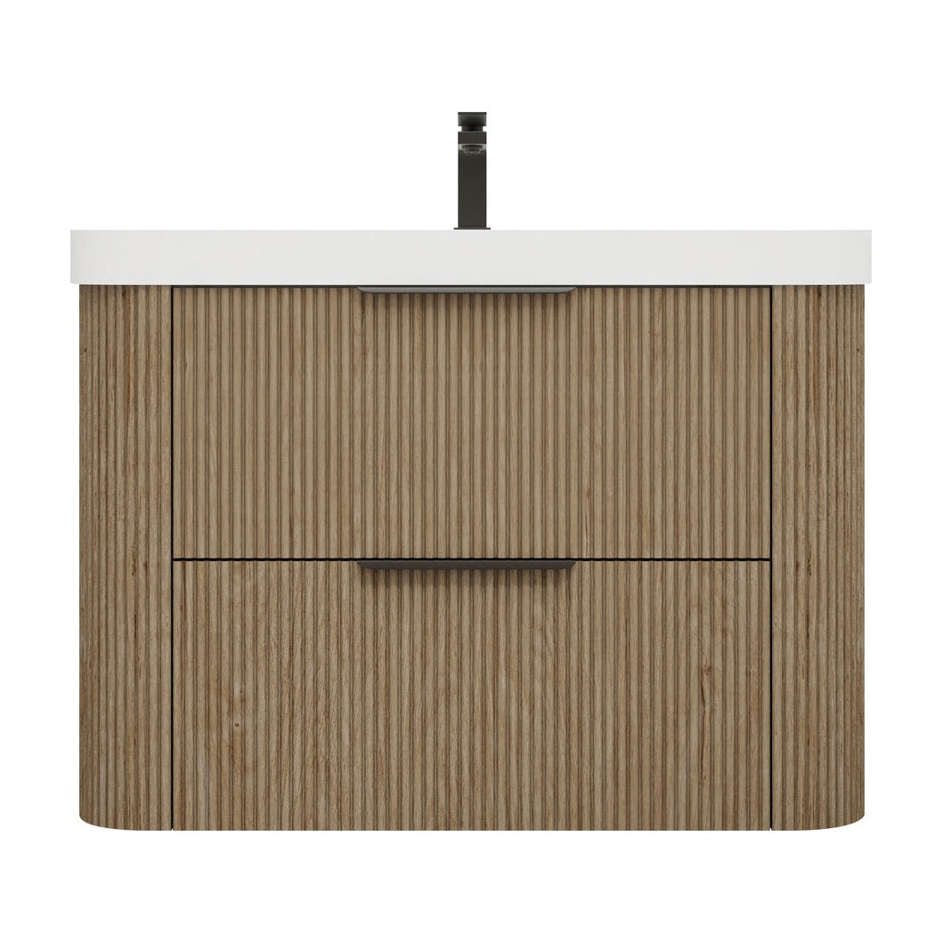 Celine 30 inch fluted wall mounted bathroom vanity in White Oak with white reinforced acrylic top