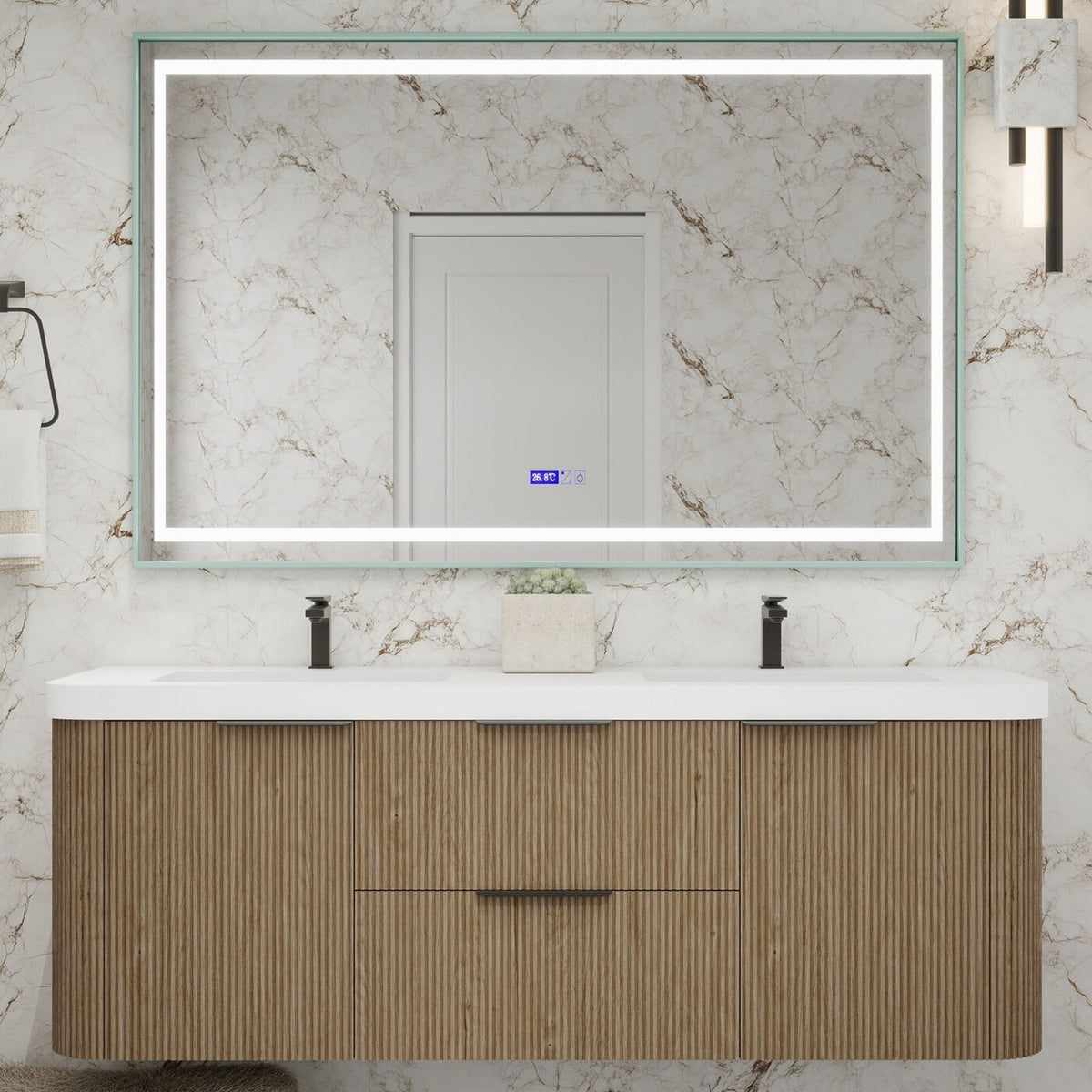 Celine 60 inch fluted wall mounted bathroom vanity with rounded corners in a styled bathroom