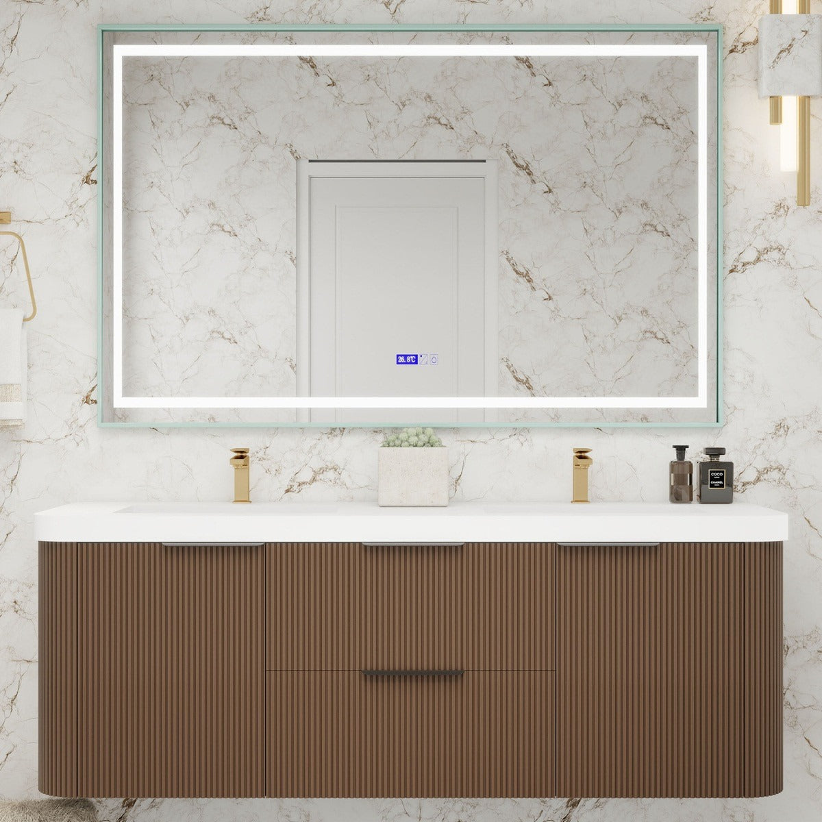 Celine 60 inch fluted wall mounted bathroom vanity with rounded corners in a styled bathroom