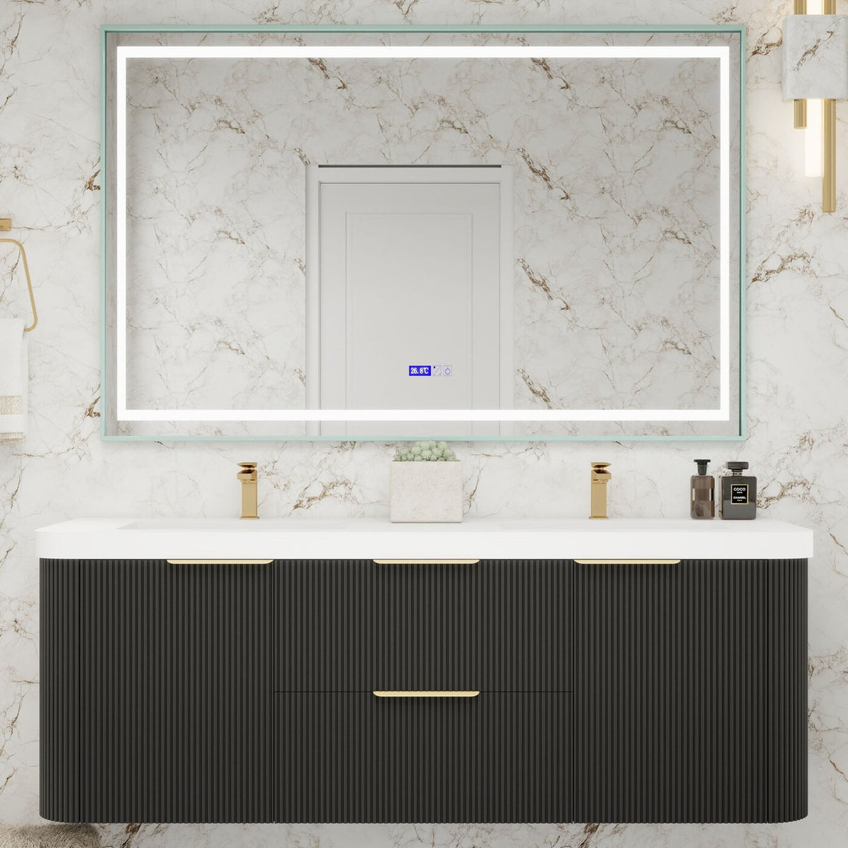 Celine 60 inch fluted wall mounted bathroom vanity with rounded corners in a styled bathroom