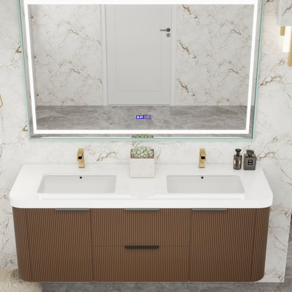 Celine 60 inch fluted wall mounted bathroom vanity with rounded corners in a styled bathroom