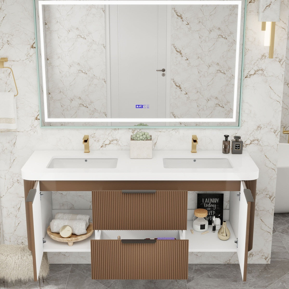 Celine 60 inch fluted wall mounted bathroom vanity with rounded corners in a styled bathroom
