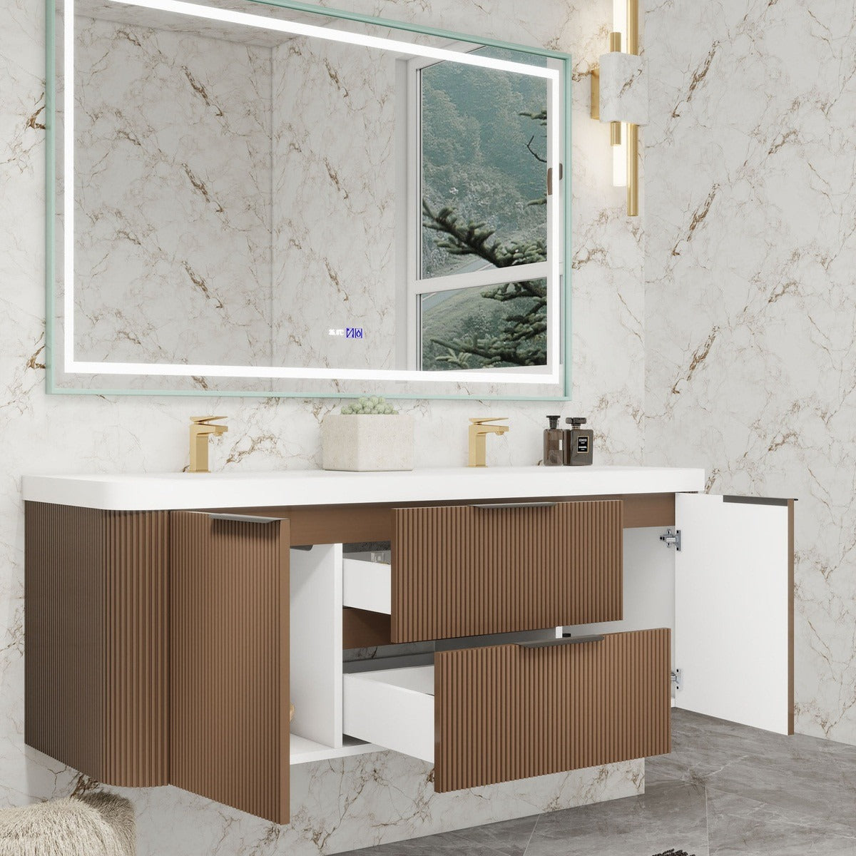 Celine 60 inch fluted wall mounted bathroom vanity with rounded corners in a styled bathroom