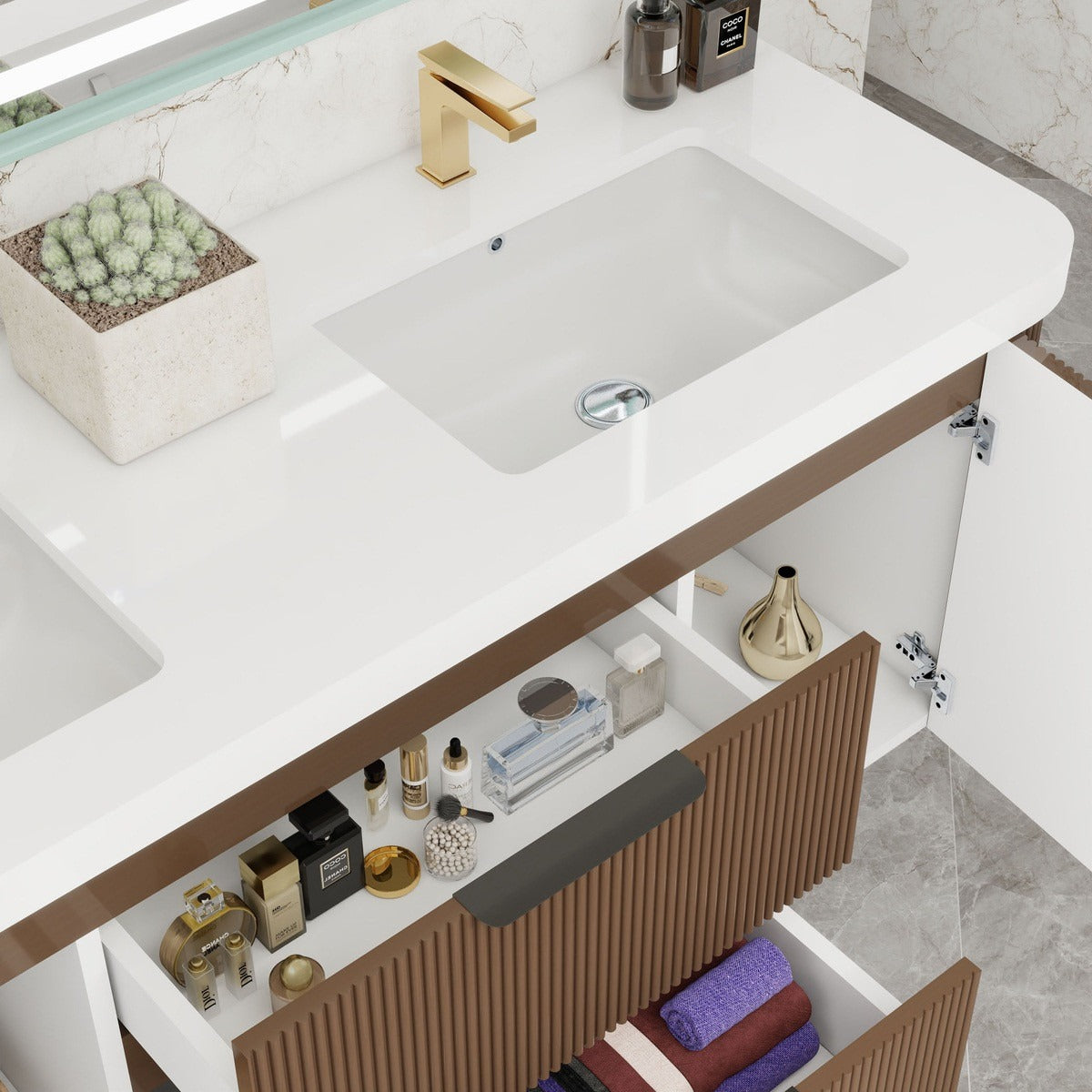 Celine 60 inch fluted wall mounted bathroom vanity with rounded corners in a styled bathroom