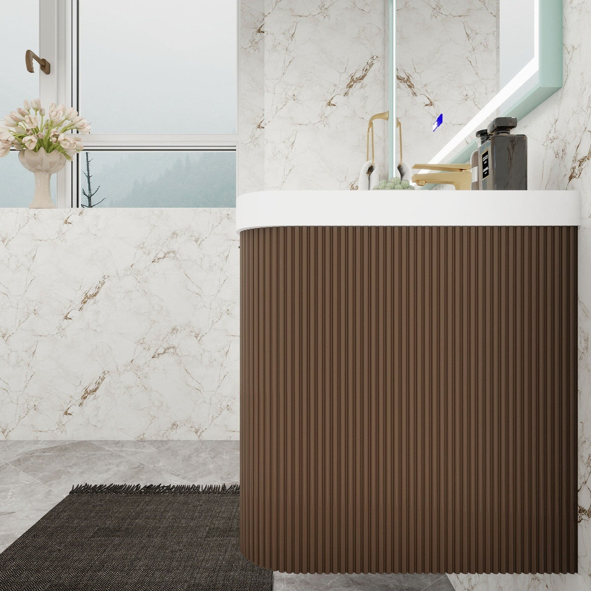 Celine 60 inch fluted wall mounted bathroom vanity with rounded corners in a styled bathroom