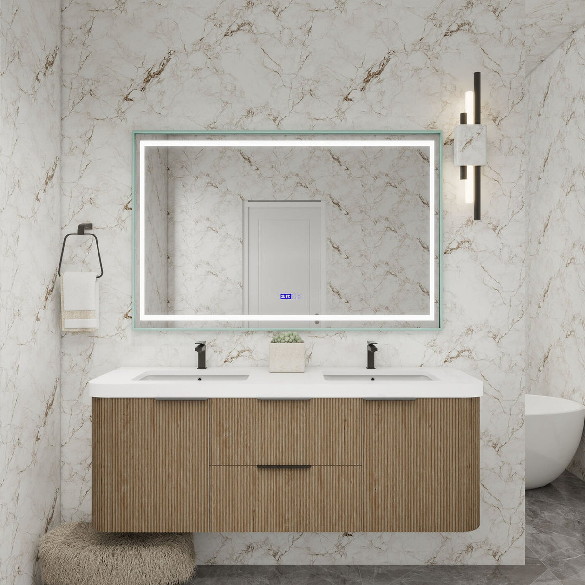 Celine 60 inch fluted wall mounted bathroom vanity with rounded corners in a styled bathroom