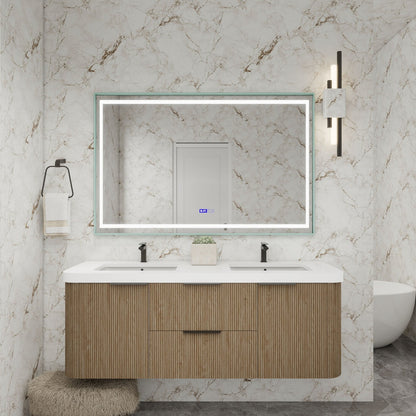 Celine 60 inch fluted wall mounted bathroom vanity with rounded corners in a styled bathroom