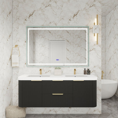 Celine 60 inch fluted wall mounted bathroom vanity with rounded corners in a styled bathroom