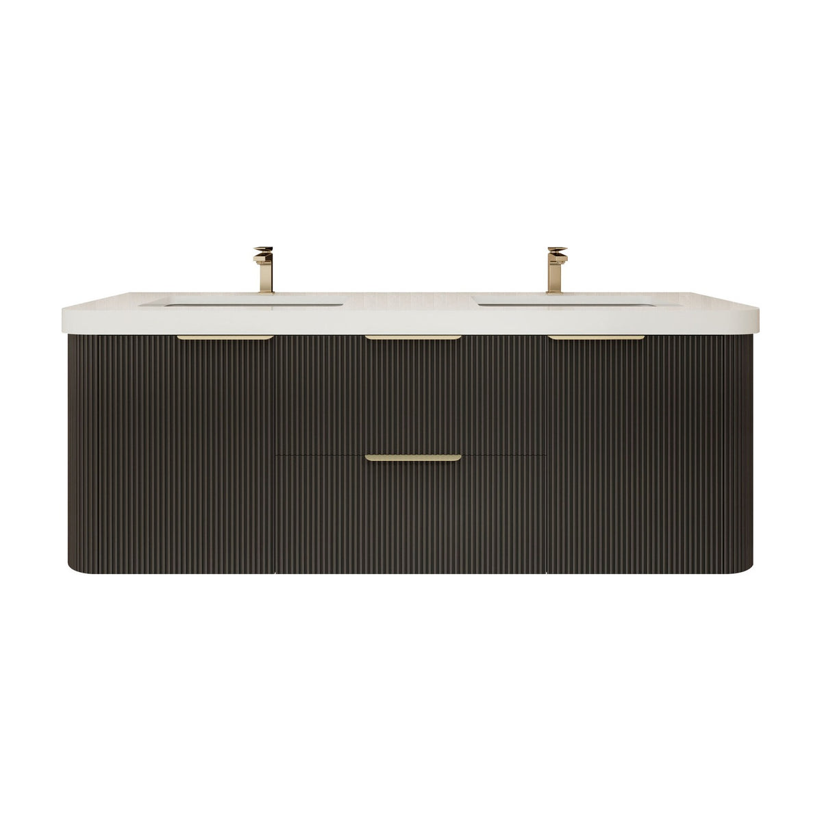 Celine 60 inch fluted wall mounted bathroom vanity in Black with white reinforced acrylic double sink top