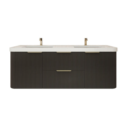 Celine 60 inch fluted wall mounted bathroom vanity in Black with white reinforced acrylic double sink top