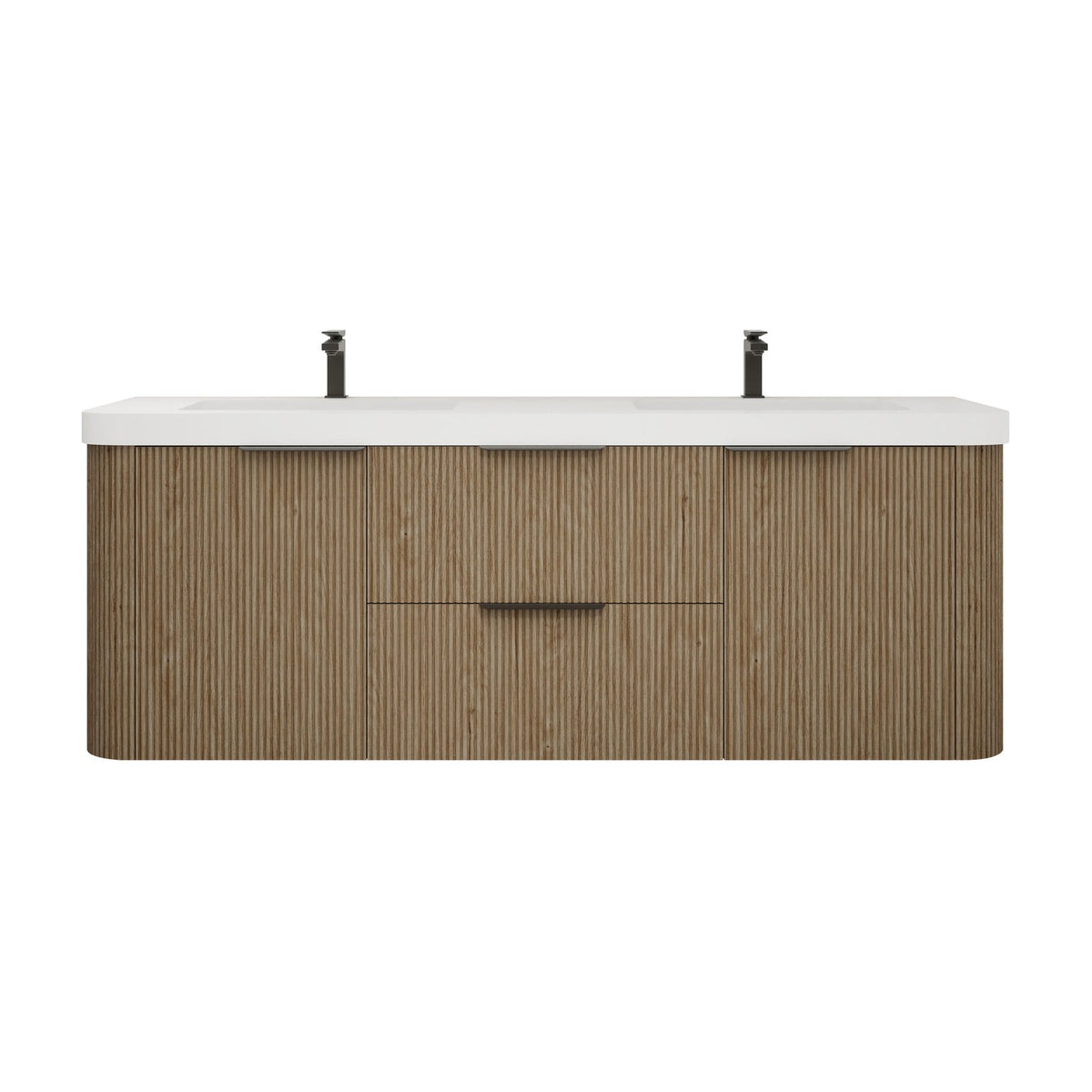 Celine 60 inch fluted wall mounted bathroom vanity in White Oak with white reinforced acrylic double sink top
