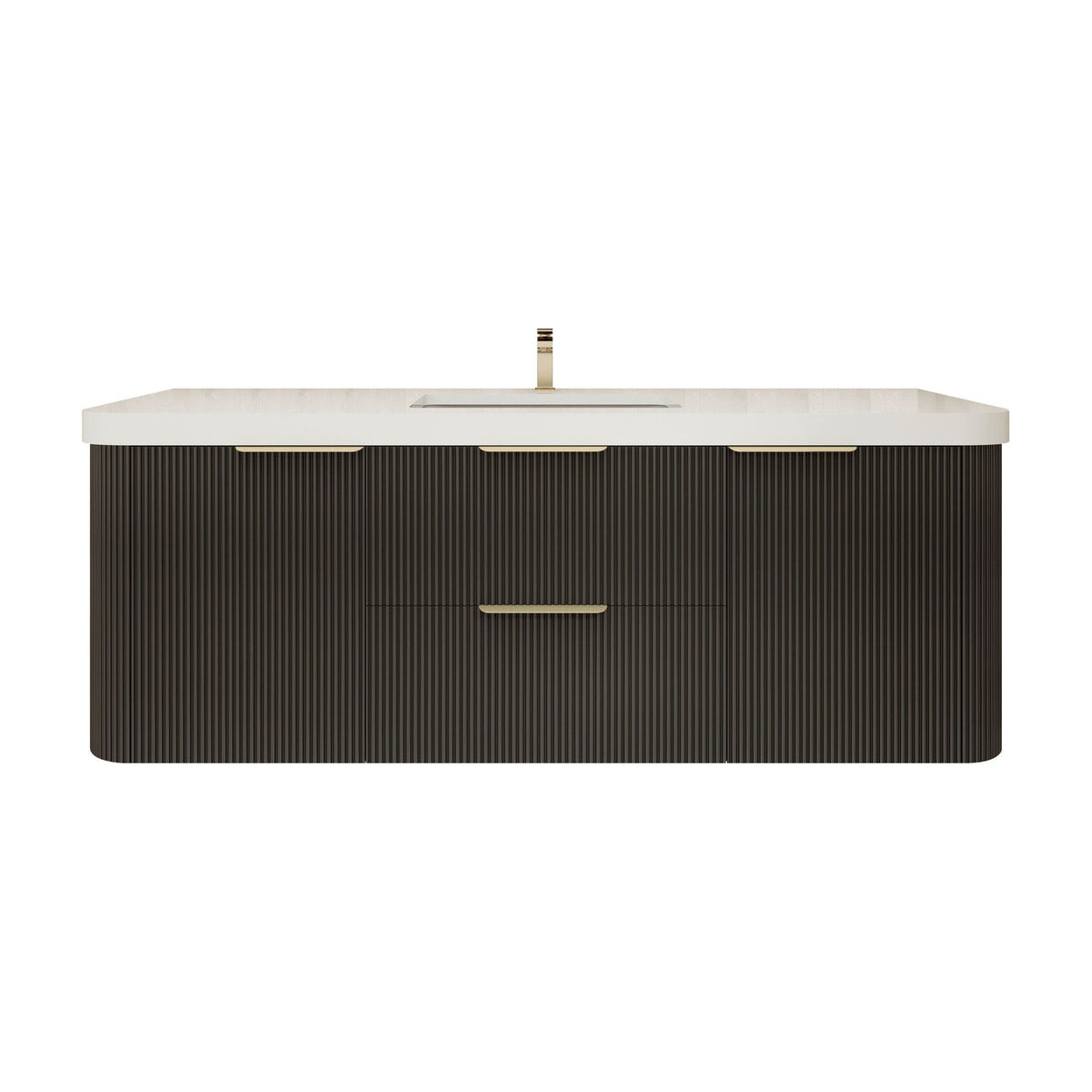 Celine 60 inch fluted wall mounted bathroom vanity in Black with white reinforced acrylic single sink top