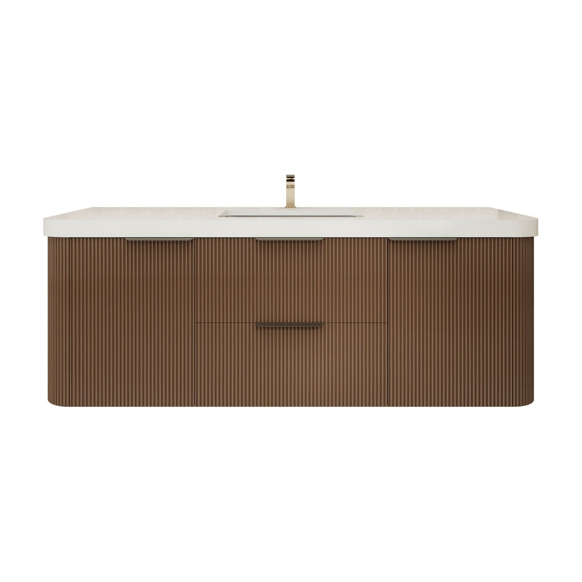 Celine 60 inch fluted wall mounted bathroom vanity in Chestnut Brown with white reinforced acrylic single sink top